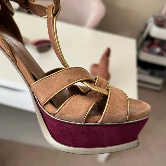 Authentic Yves Saint Laurent Tribute heel 105mm heels purple gold suede sz 39 - Picture 2 of 12